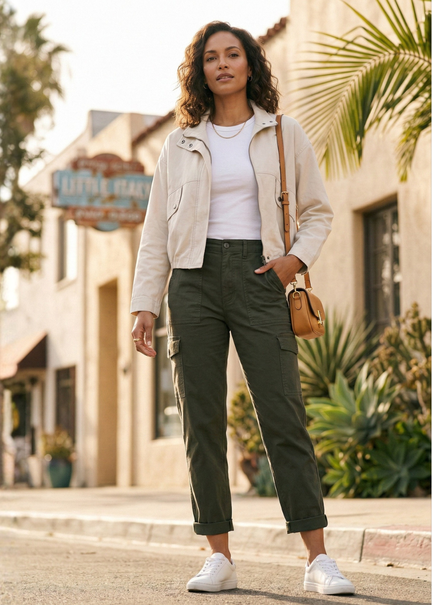 Woman walking on a sidewalk with palm trees and buildings in the background