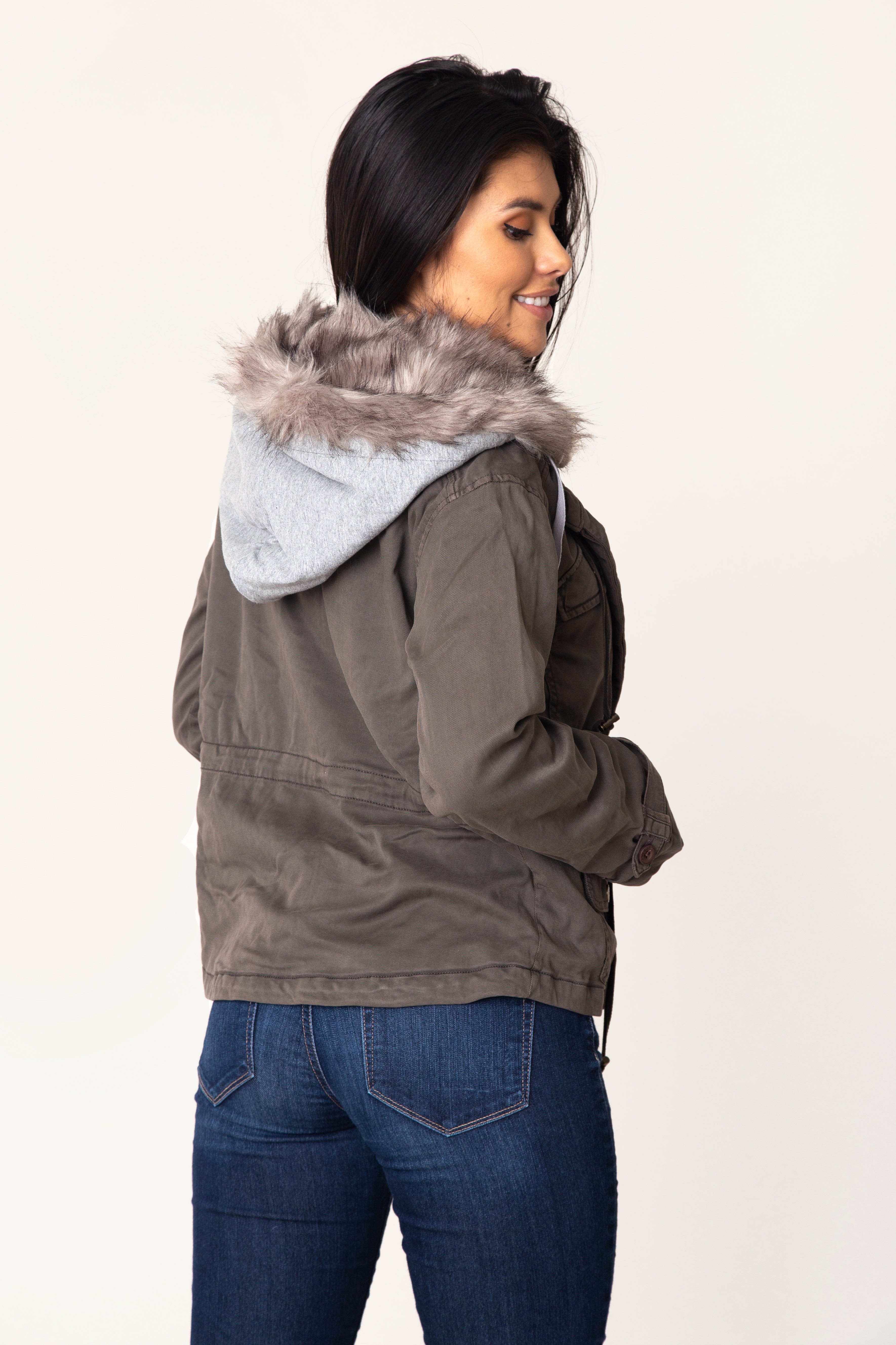 Grey faux sales fur hooded jacket